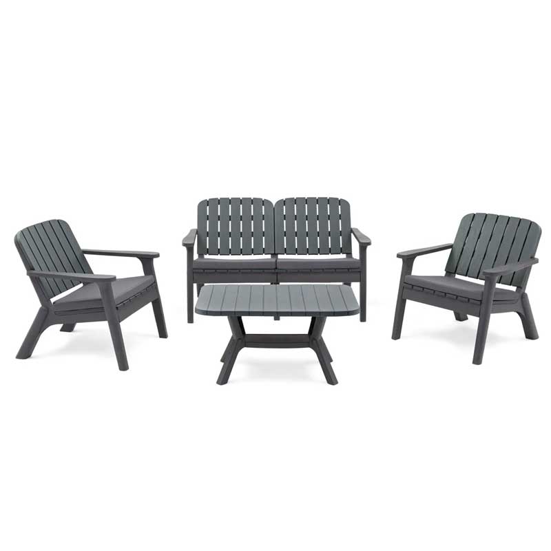 4-person outdoor seating group with cushions and adjustable height table, designed for comfort and style.