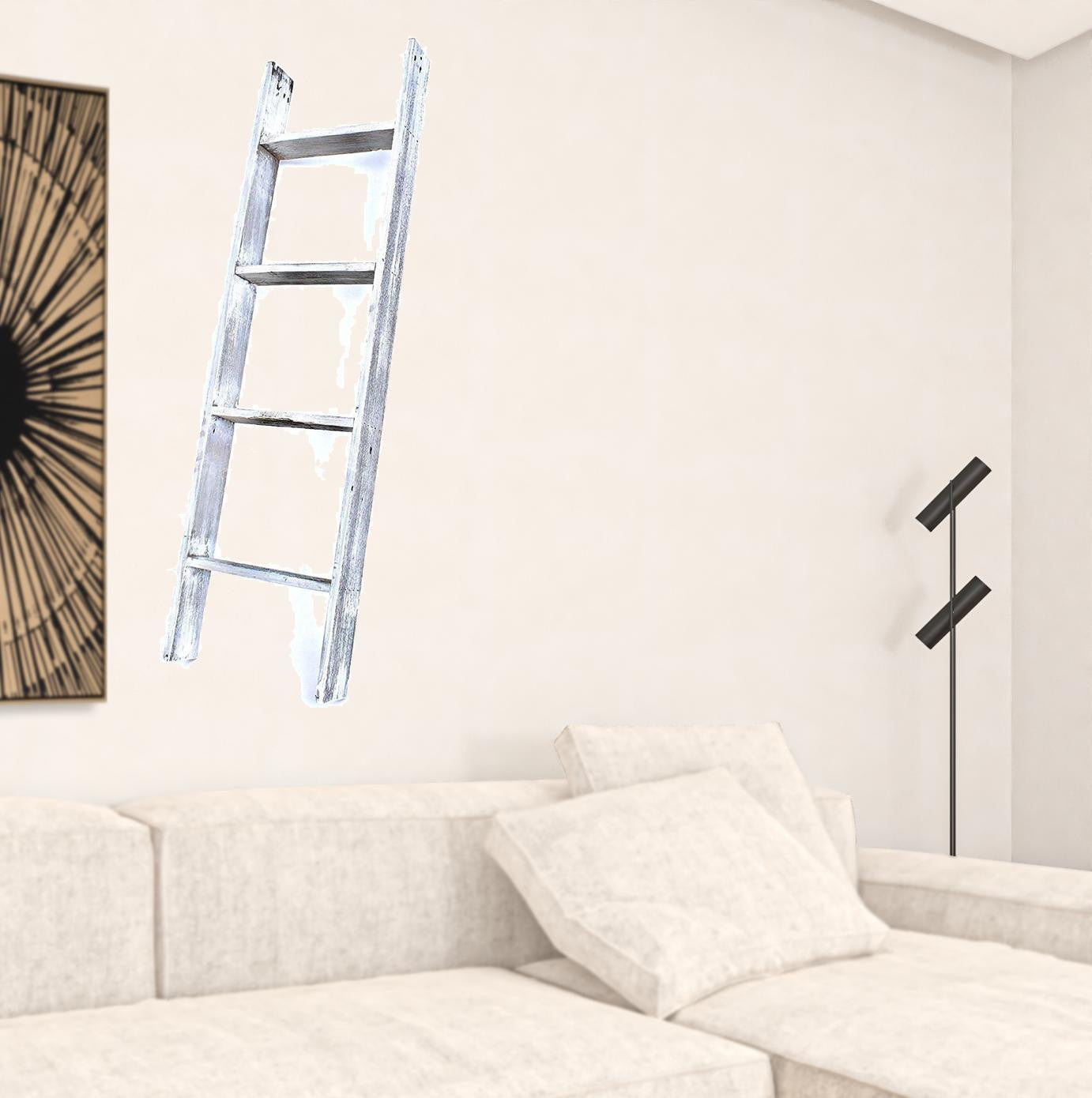 4 Step Whitewash Rustic Wood Ladder Shelf showcasing reclaimed wood with a whitewashed finish, perfect for home decor.