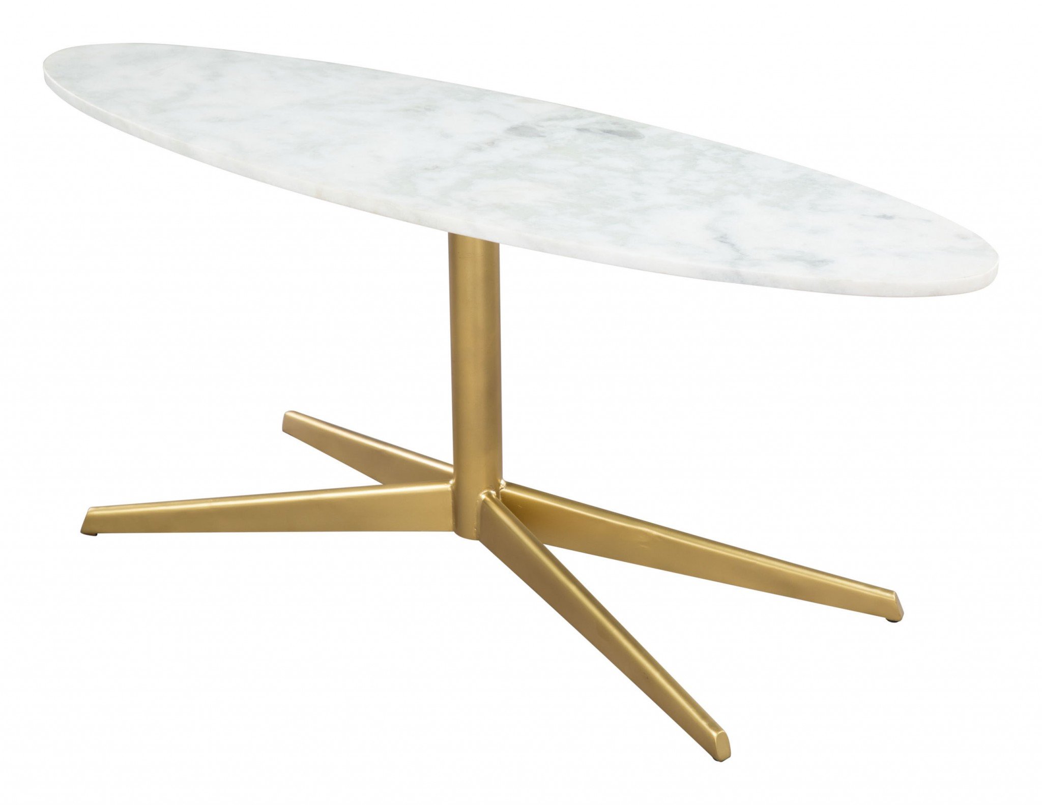Elegant white and gold marble coffee table with metal legs, perfect for modern living rooms.