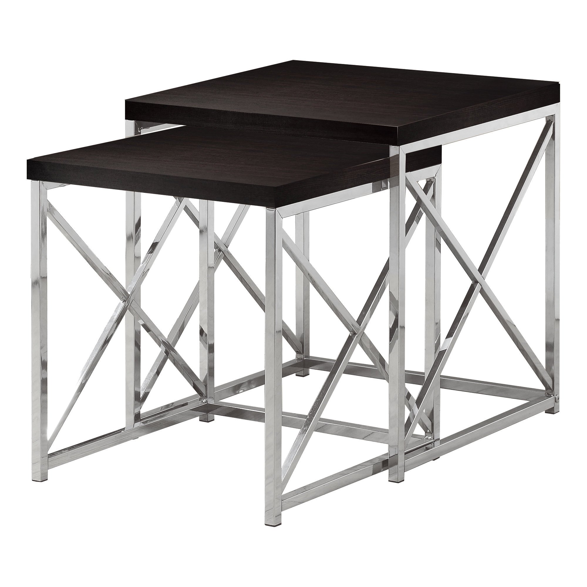 A stylish 40.5" nesting table set featuring a particle board top and chrome metal legs, elegantly designed for modern home decor.