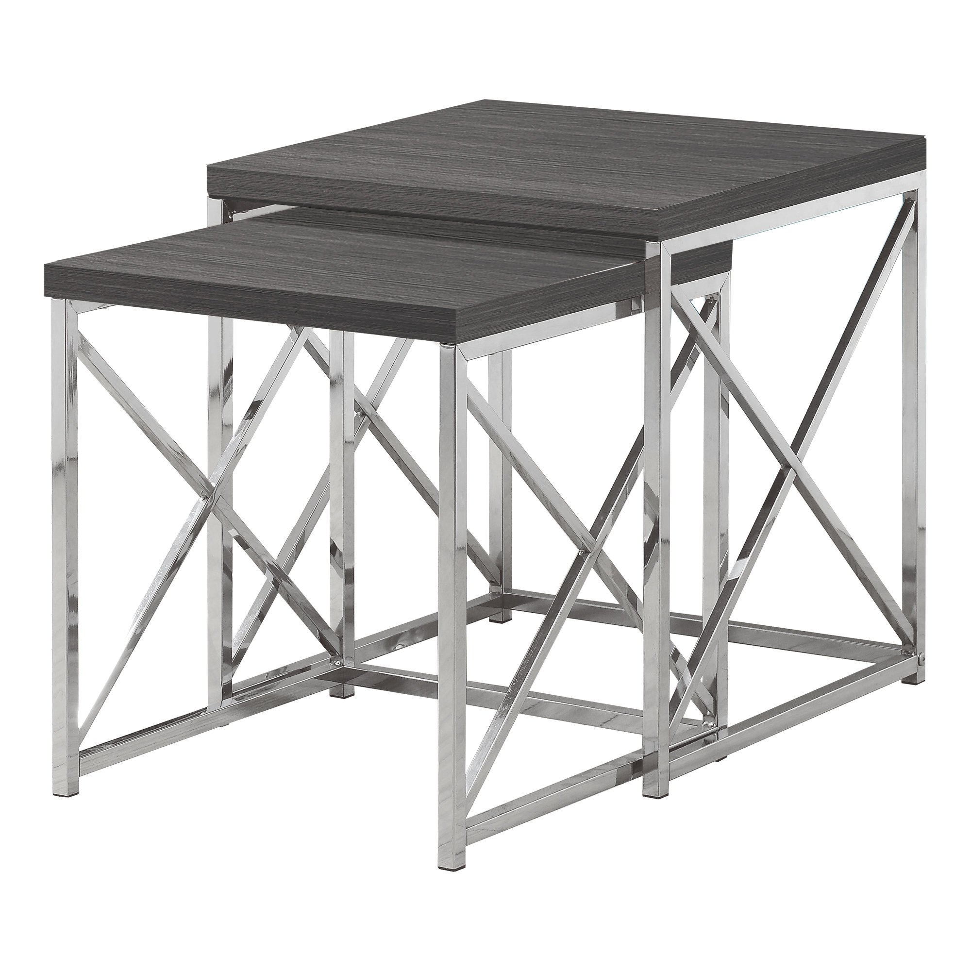 A stylish 40.5" nesting table set featuring a particle board top and chrome metal legs, elegantly designed for modern home decor.