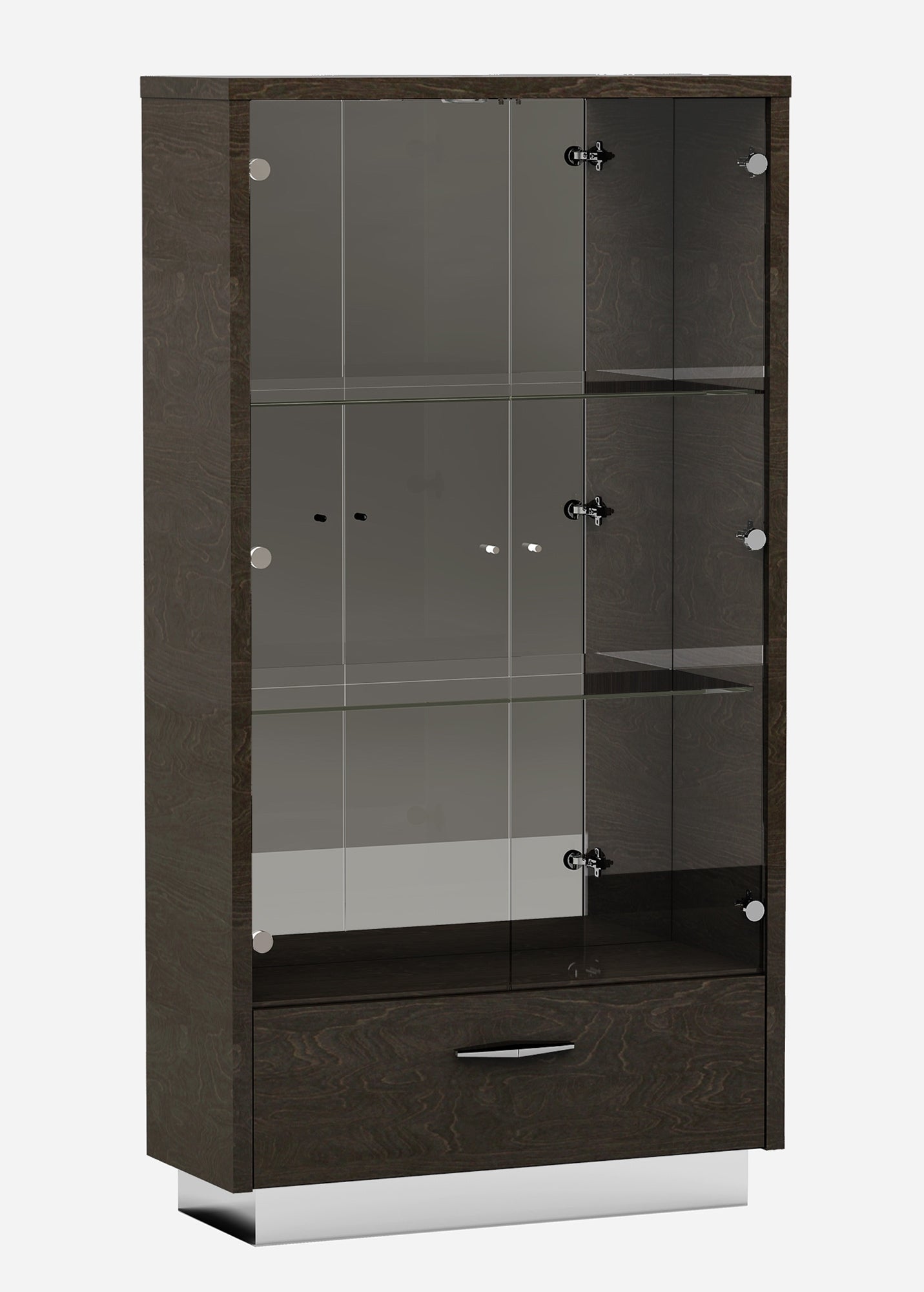 A tall gray vetrine with glass doors, three shelves, and a bottom drawer, showcasing modern design and high gloss finish.