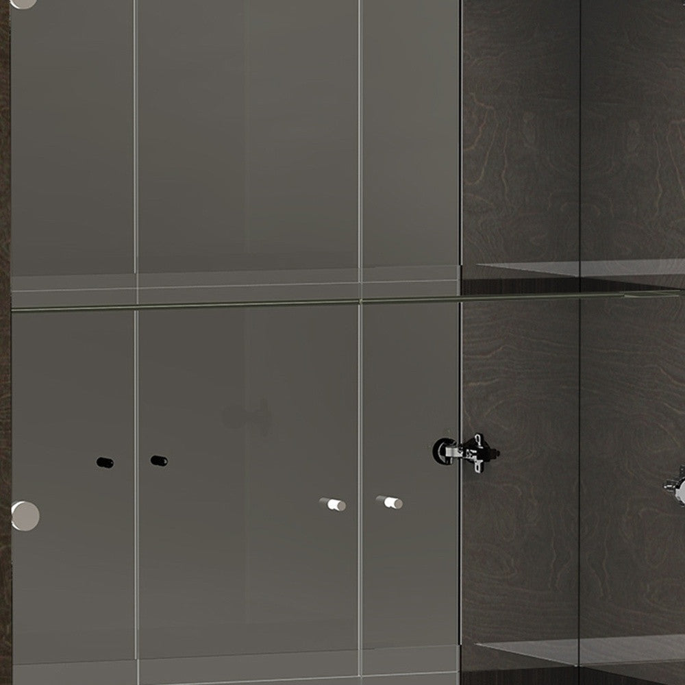 A tall gray vetrine with glass doors, three shelves, and a bottom drawer, showcasing modern design and high gloss finish.