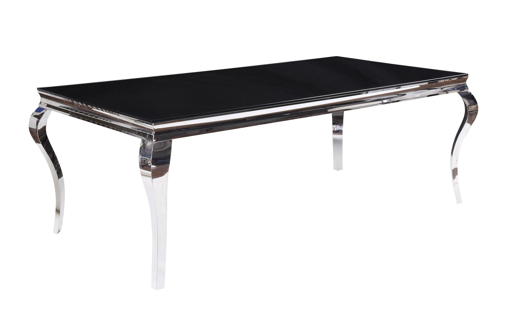 A modern rectangular dining table featuring a black glass top and stainless steel base, elegantly designed with cabriole legs.