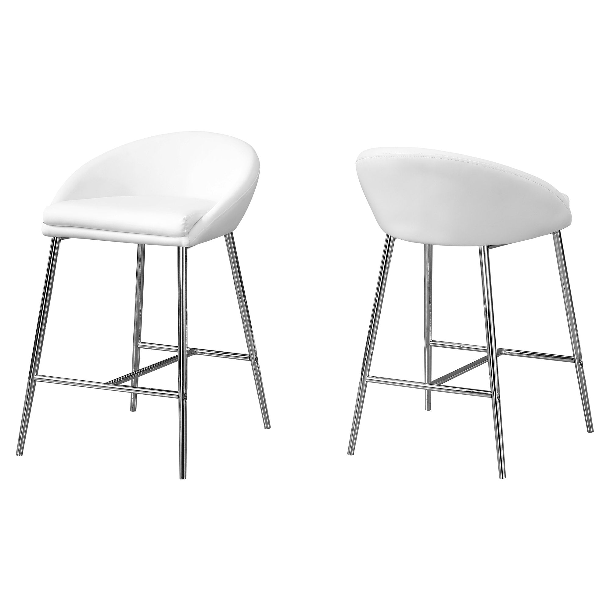 Set of two contemporary white foam metal leather-look bar stools with chrome base, perfect for dining and entertainment areas.