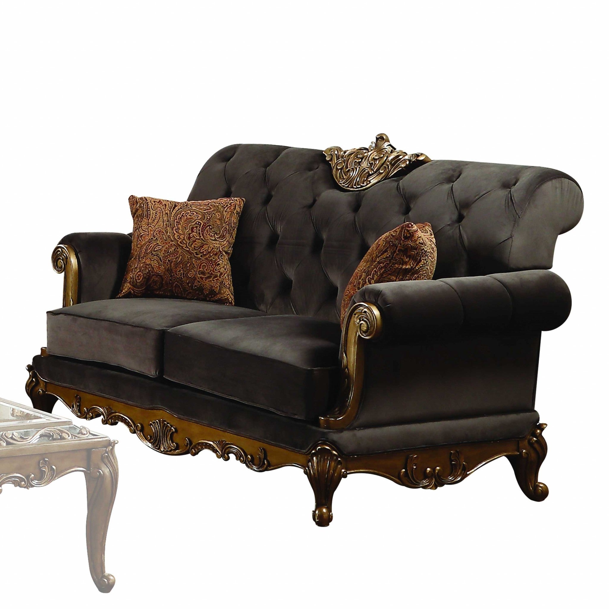 A stylish motion loveseat featuring charcoal fabric upholstery and antique gold accents, designed for comfort and elegance in living spaces.