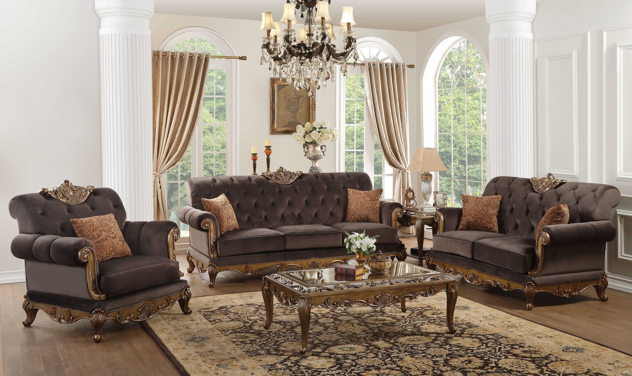 A stylish motion loveseat featuring charcoal fabric upholstery and antique gold accents, designed for comfort and elegance in living spaces.