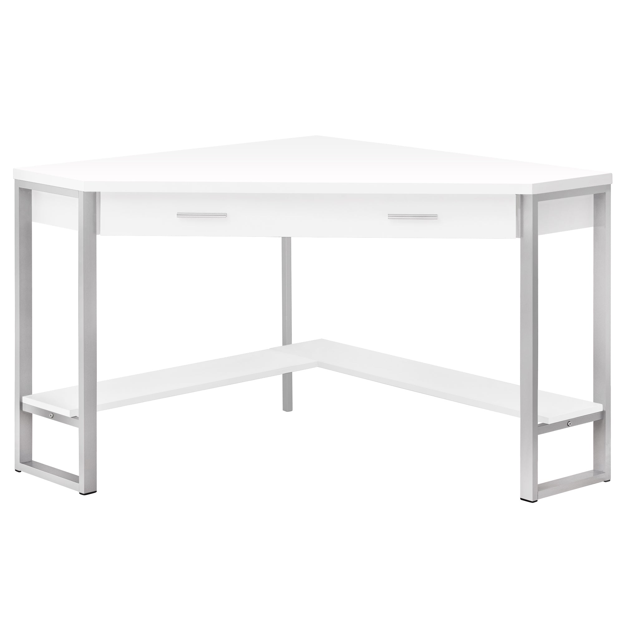 42 inches x 42 inches x 30 inches white and silver metal computer desk with contemporary design, perfect for corner spaces.