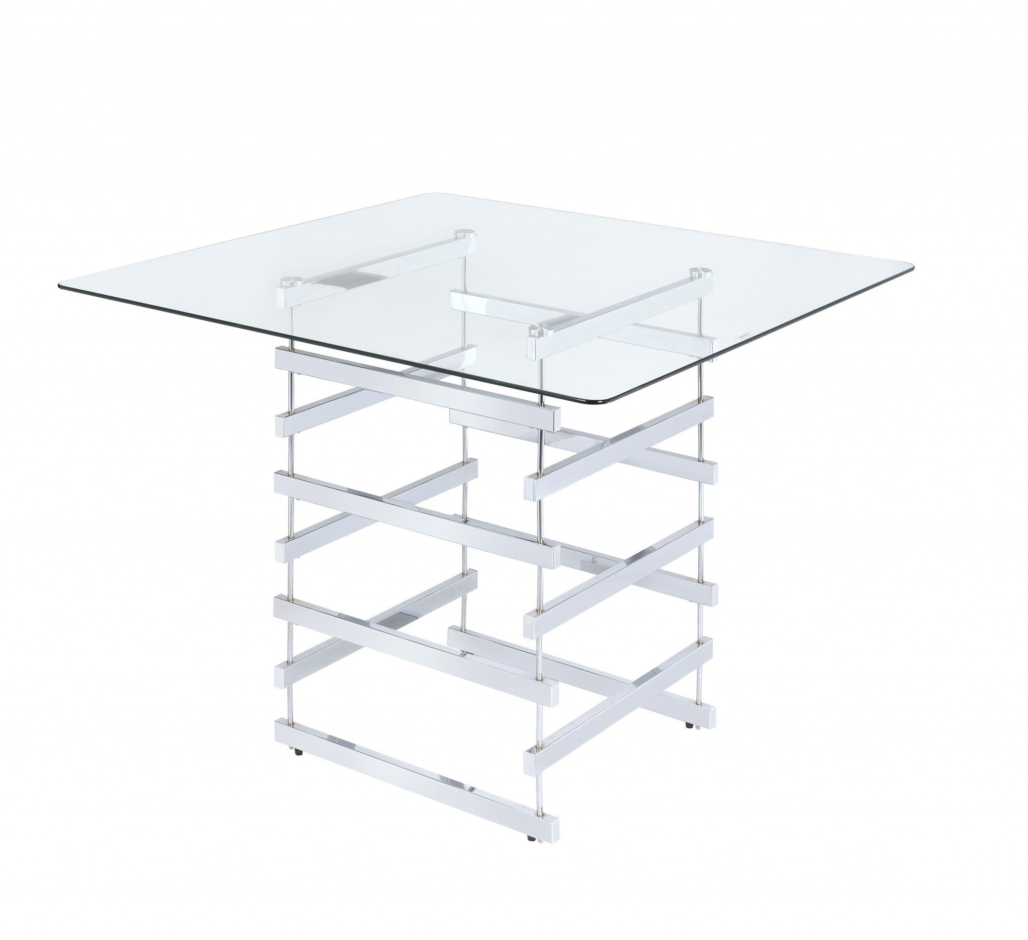 A sleek 42x42x36 inches clear glass counter height table with a chrome metal base, perfect for modern living spaces.