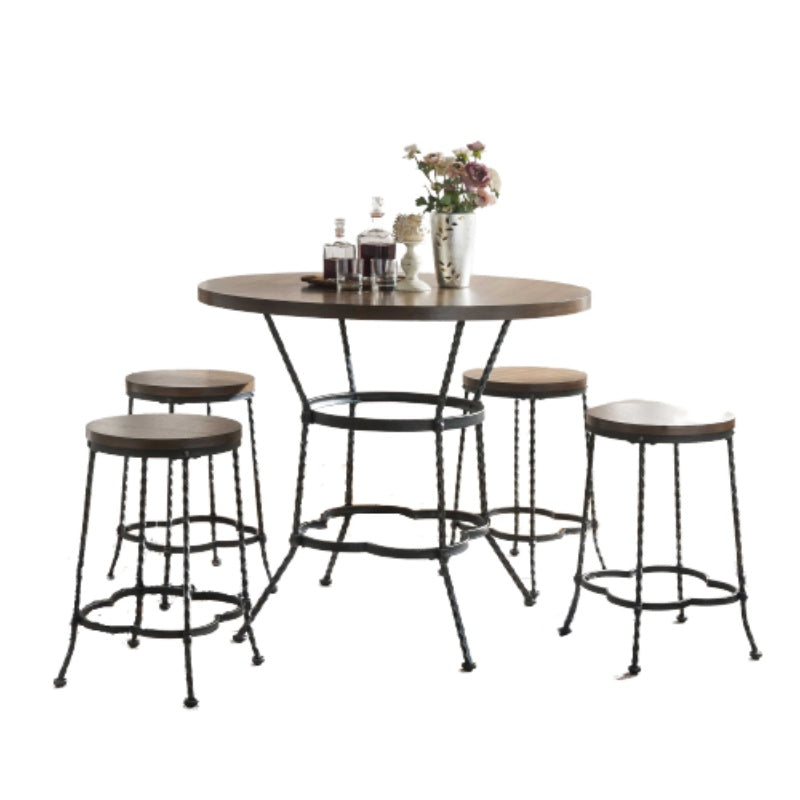 Stylish 5-piece walnut antique black metal wood dining set featuring a round table and side chairs, perfect for contemporary dining rooms.