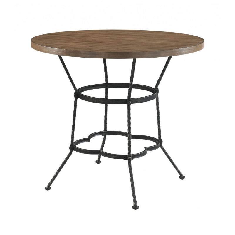 Stylish 5-piece walnut antique black metal wood dining set featuring a round table and side chairs, perfect for contemporary dining rooms.