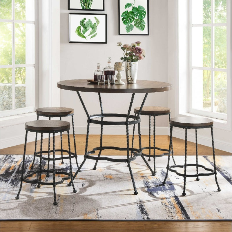 Stylish 5-piece walnut antique black metal wood dining set featuring a round table and side chairs, perfect for contemporary dining rooms.