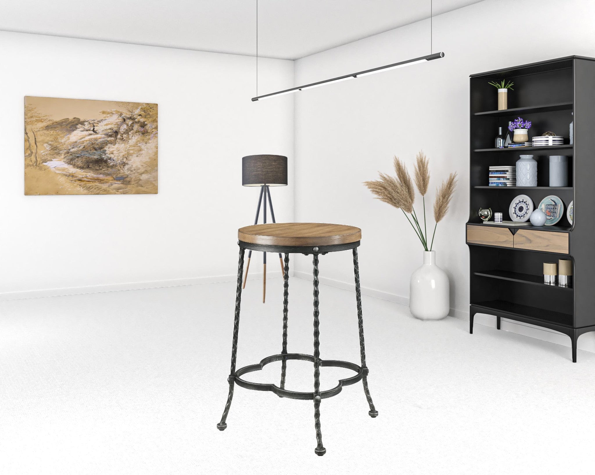 Stylish 5-piece walnut antique black metal wood dining set featuring a round table and side chairs, perfect for contemporary dining rooms.