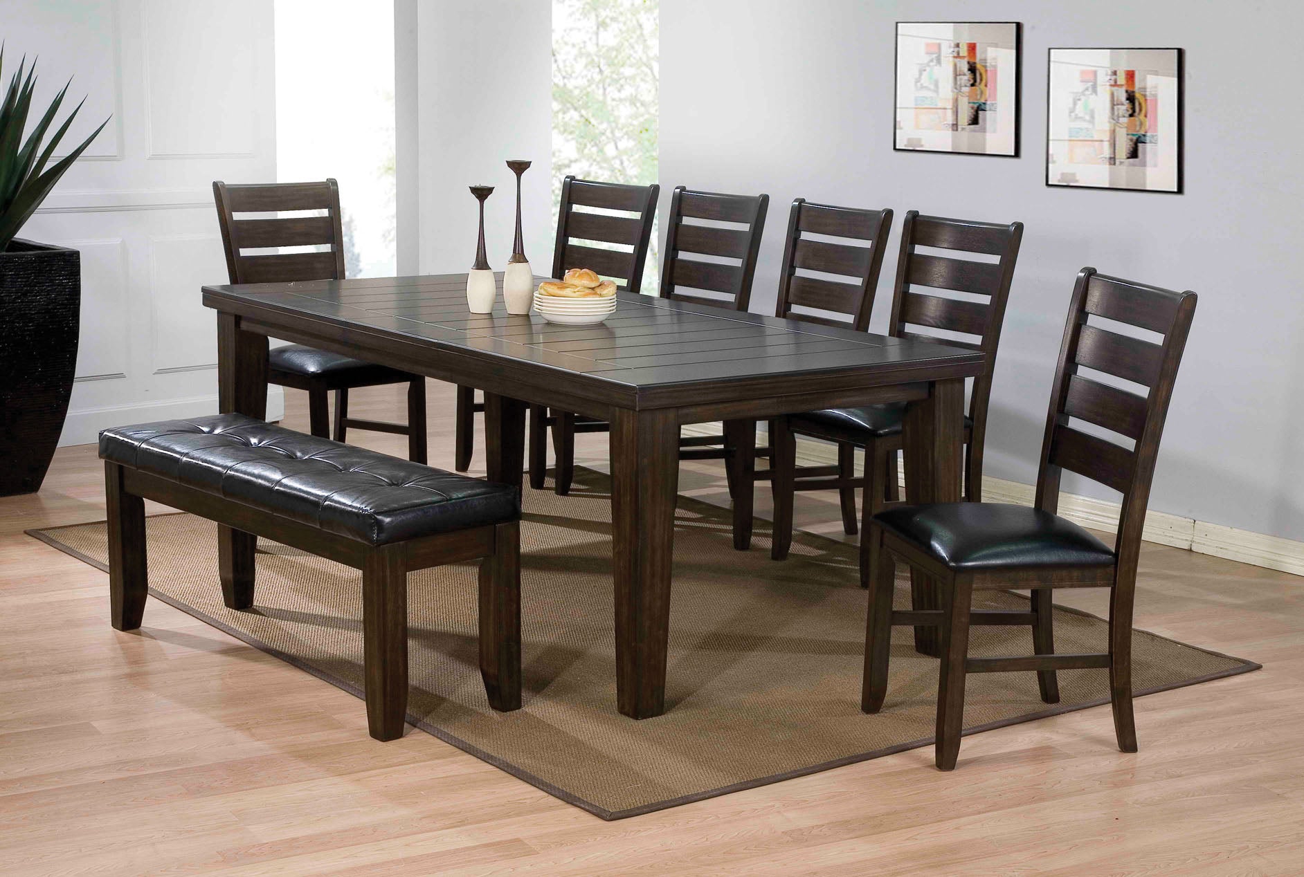 A stylish 42x48-66 inches espresso dining table featuring a groove line maple tabletop and wooden tapered legs, perfect for dining areas.