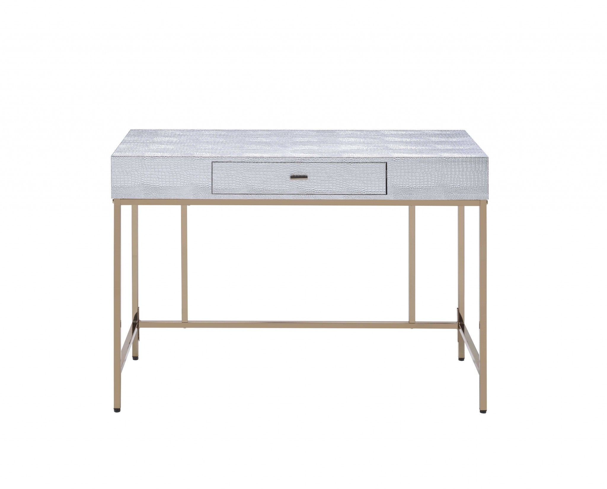 A stylish champagne and silver metal tube desk featuring a rectangular top and a middle drawer, perfect for home office use.
