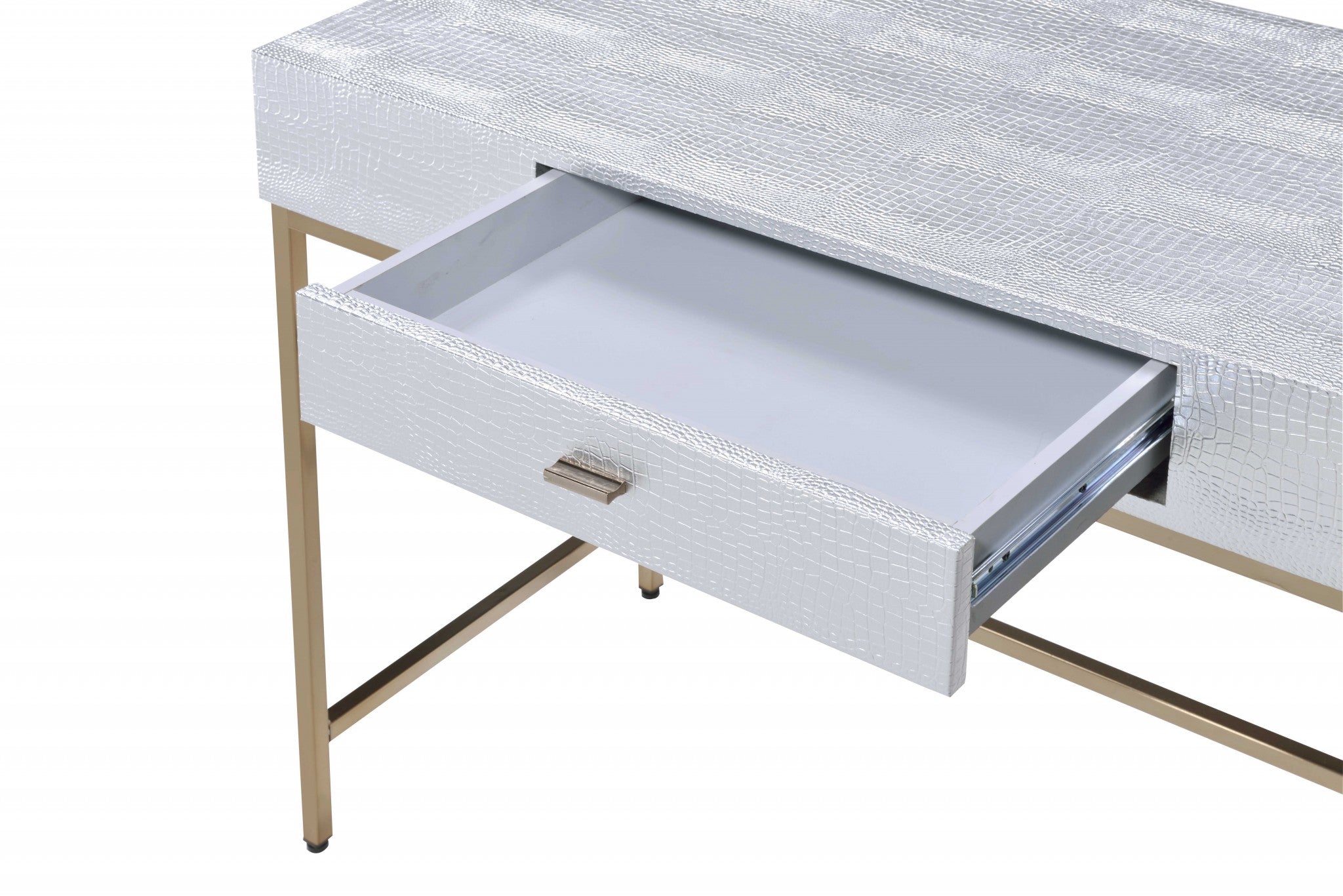 A stylish champagne and silver metal tube desk featuring a rectangular top and a middle drawer, perfect for home office use.