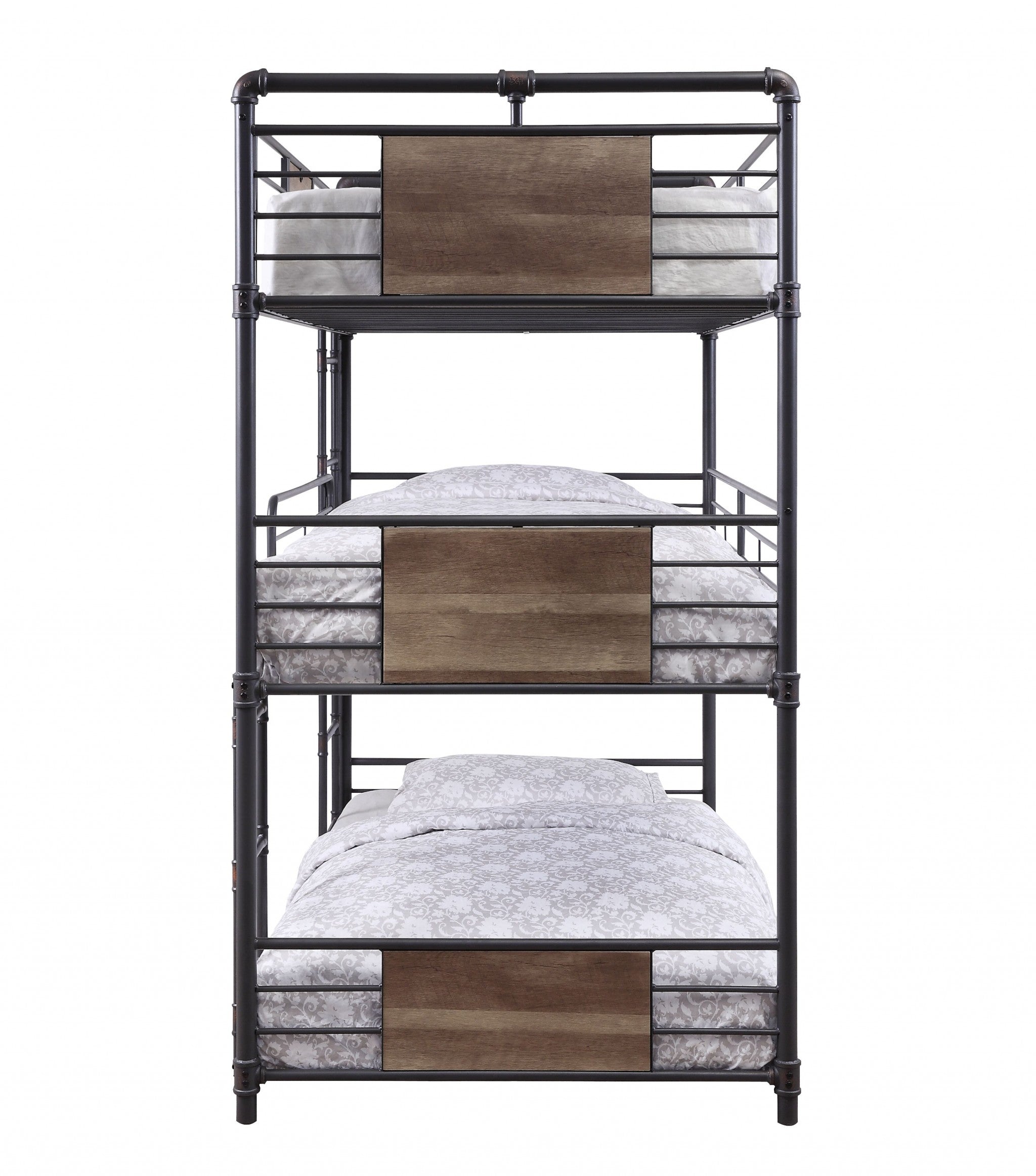 Sandy Black Dark Bronze HandBrushed triple twin bunk bed featuring rustic and industrial design with metal tubes and wood panels.