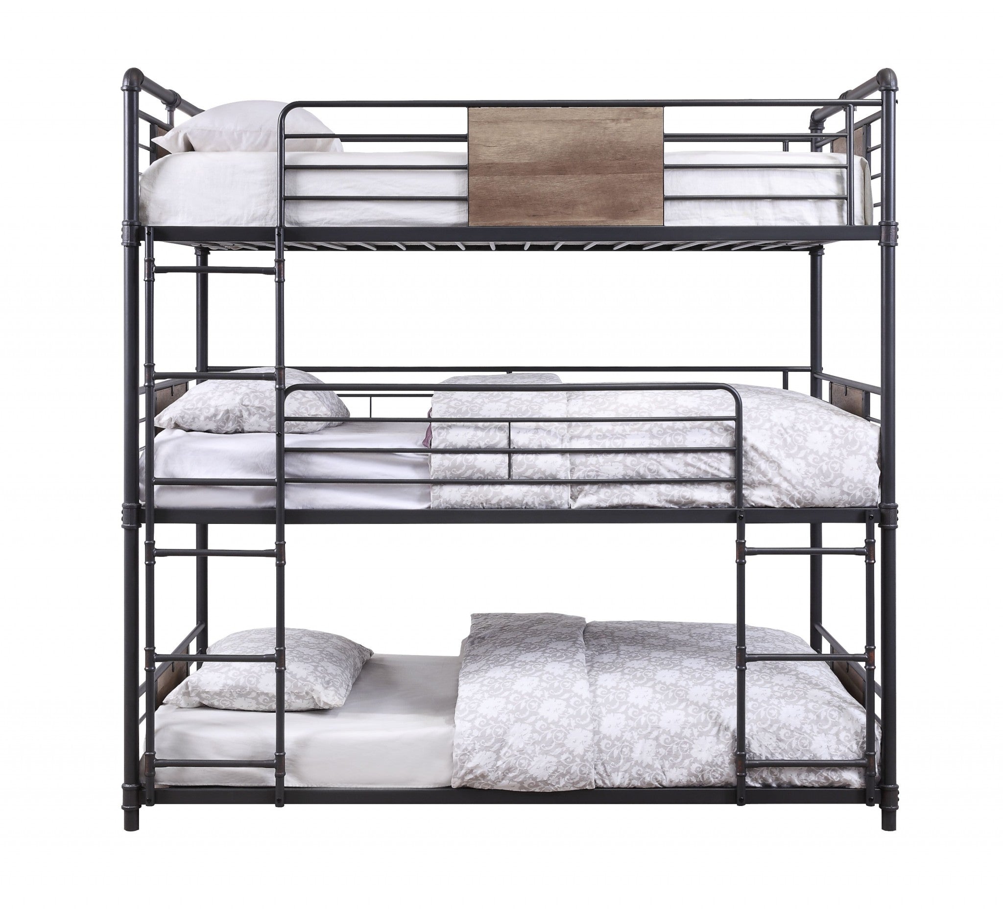 Sandy Black Dark Bronze HandBrushed triple twin bunk bed featuring rustic and industrial design with metal tubes and wood panels.