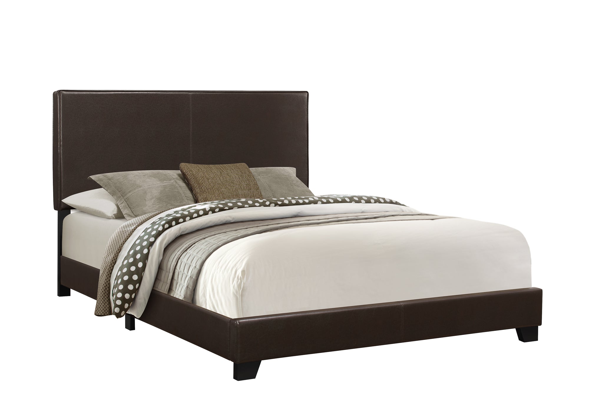 A stylish queen size bed featuring a solid wood frame, MDF construction, and a luxurious leather look, perfect for contemporary bedrooms.