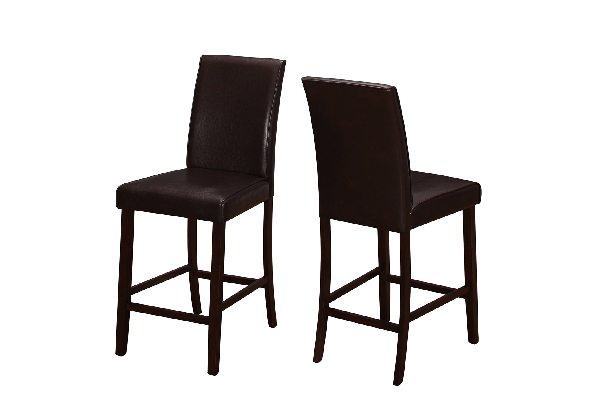Set of two brown leather look counter height dining chairs, showcasing elegant design and sturdy construction, perfect for dining rooms.
