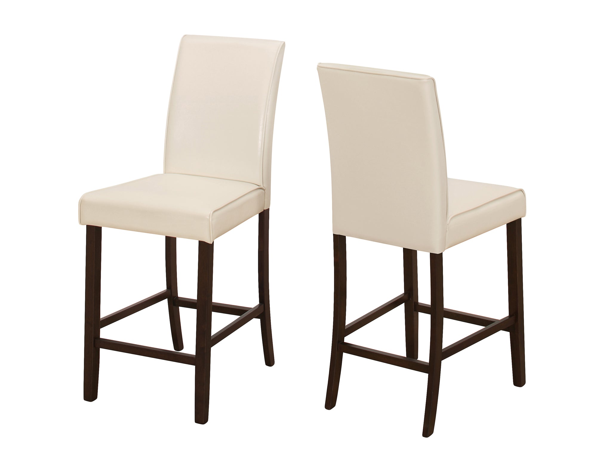Set of two brown leather look counter height dining chairs, showcasing elegant design and sturdy construction, perfect for dining rooms.