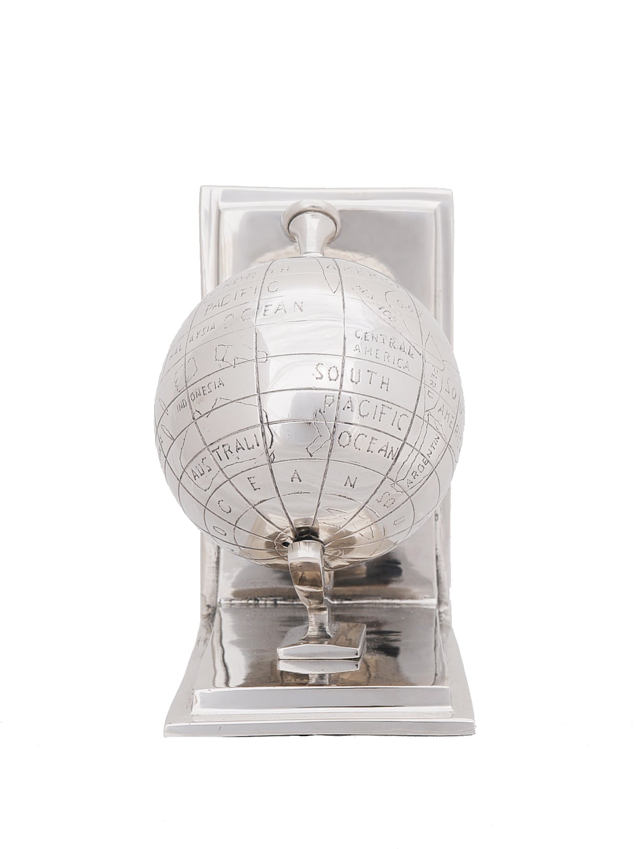 A stylish set of two aluminum globe bookends with a shiny nickel finish, featuring intricate engravings and a felt-lined base for protection.