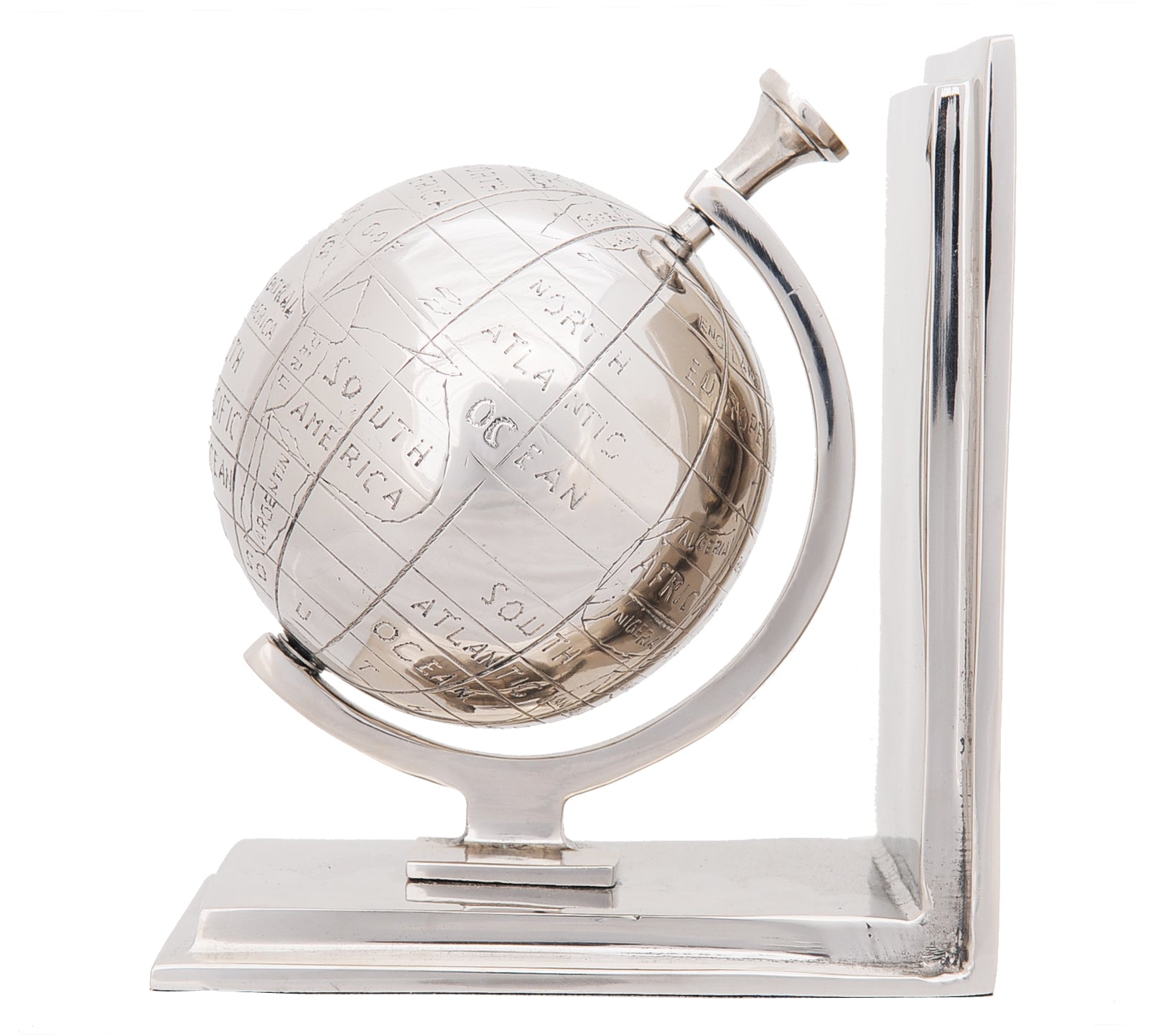 A stylish set of two aluminum globe bookends with a shiny nickel finish, featuring intricate engravings and a felt-lined base for protection.