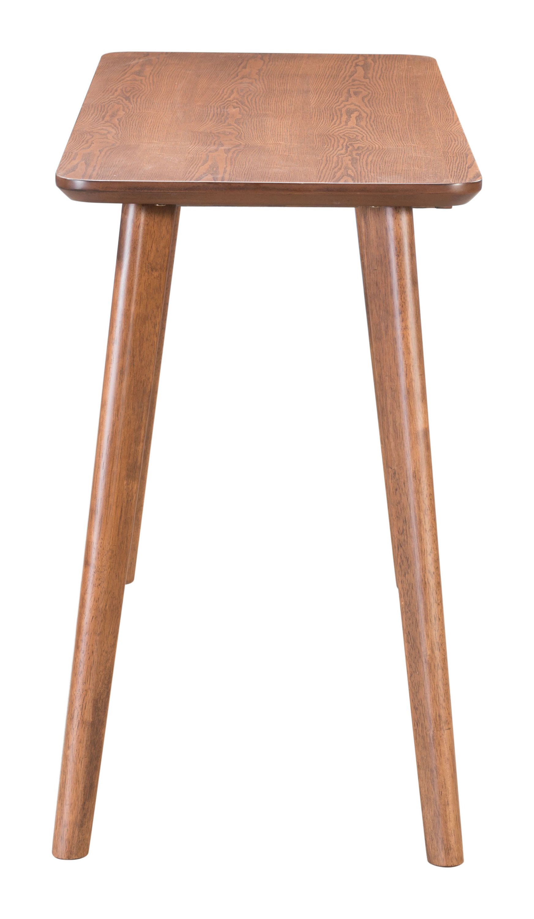 A stylish walnut desk featuring a wood veneer surface, single drawer, and flared legs, perfect for work or study.