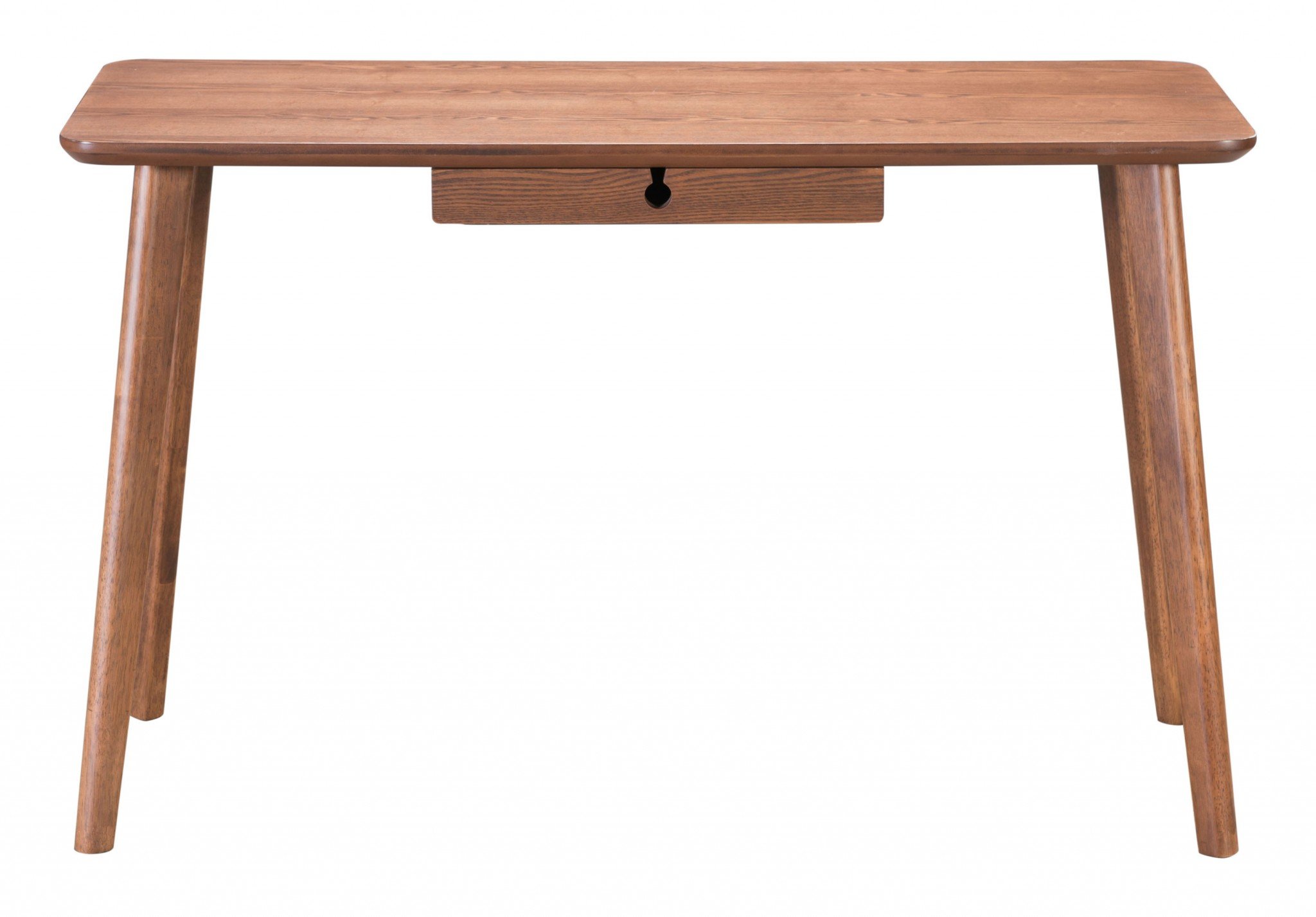 A stylish walnut desk featuring a wood veneer surface, single drawer, and flared legs, perfect for work or study.