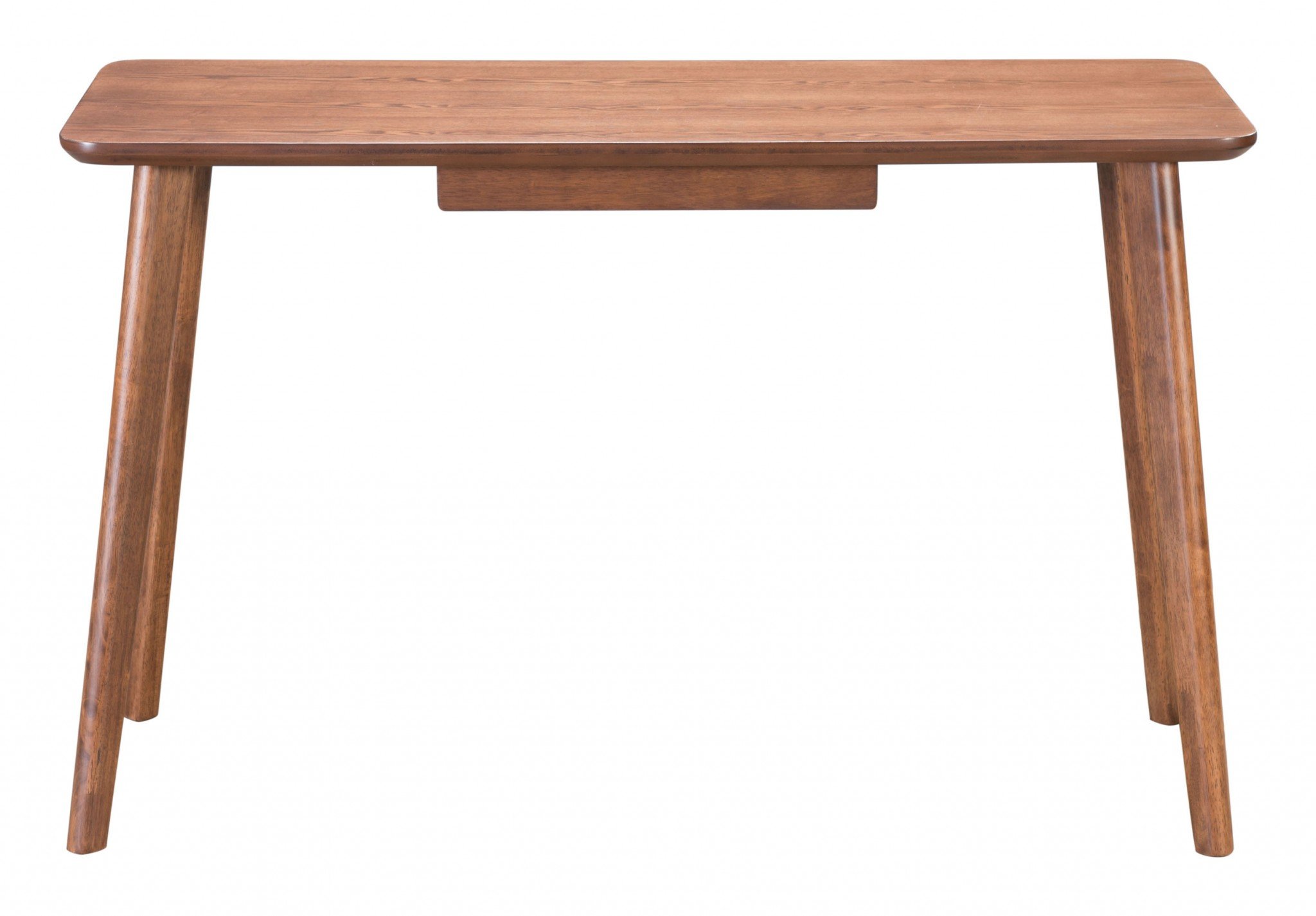 A stylish walnut desk featuring a wood veneer surface, single drawer, and flared legs, perfect for work or study.