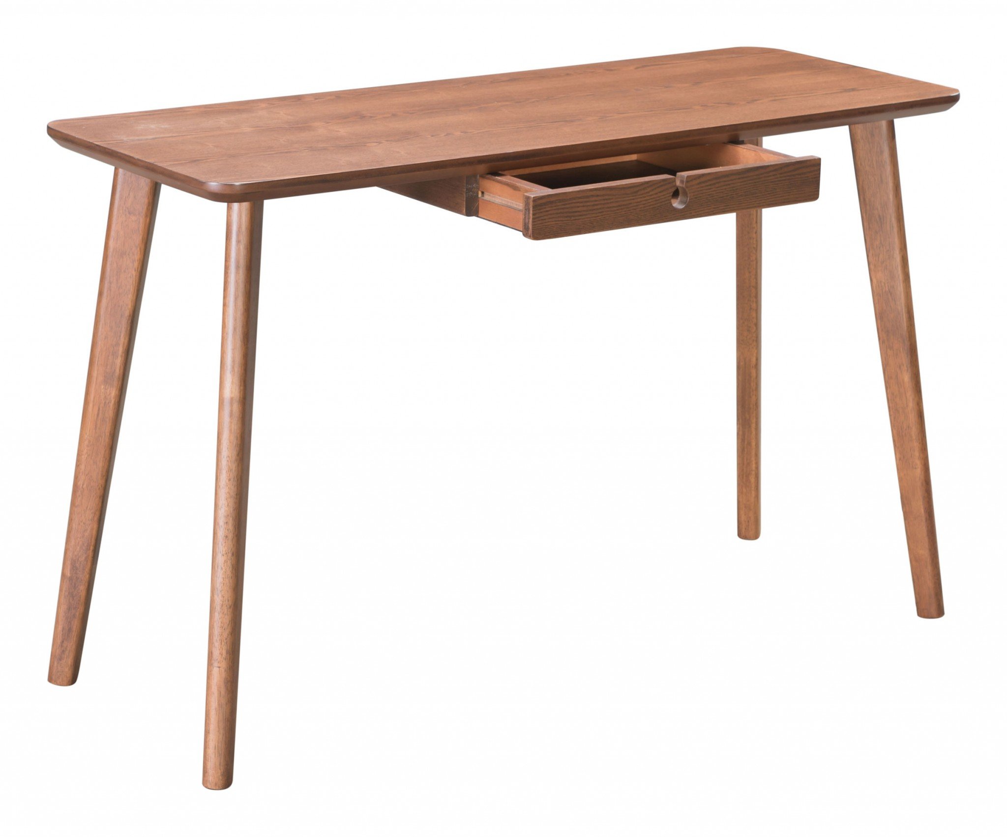 A stylish walnut desk featuring a wood veneer surface, single drawer, and flared legs, perfect for work or study.