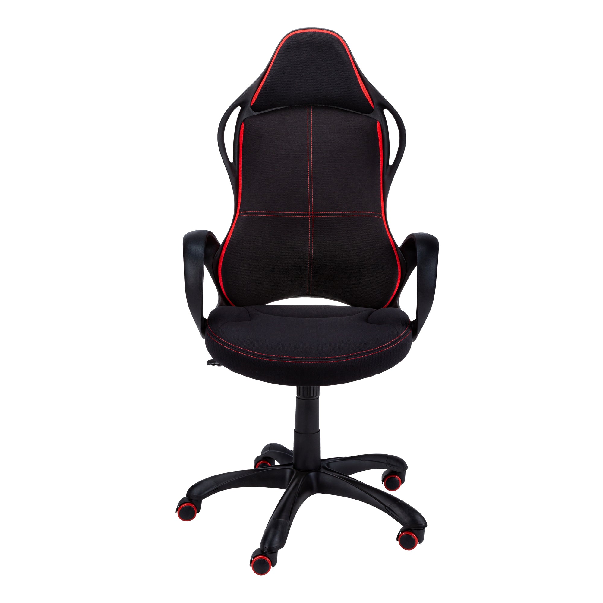 A stylish 46-inch black and red fabric multi-position office chair with adjustable height and five castors, perfect for home or office use.