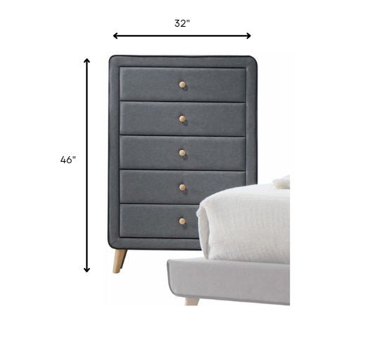 46-inch light gray upholstery 5 drawer chest dresser with padded trim, showcasing elegant design and spacious drawers.