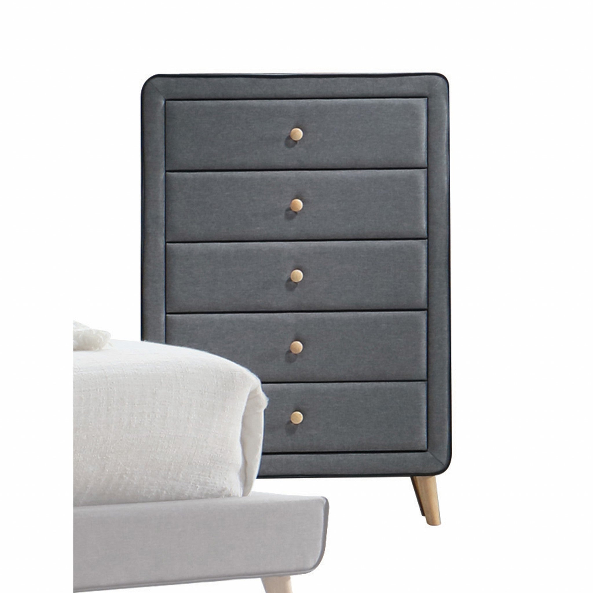 46-inch light gray upholstery 5 drawer chest dresser with padded trim, showcasing elegant design and spacious drawers.
