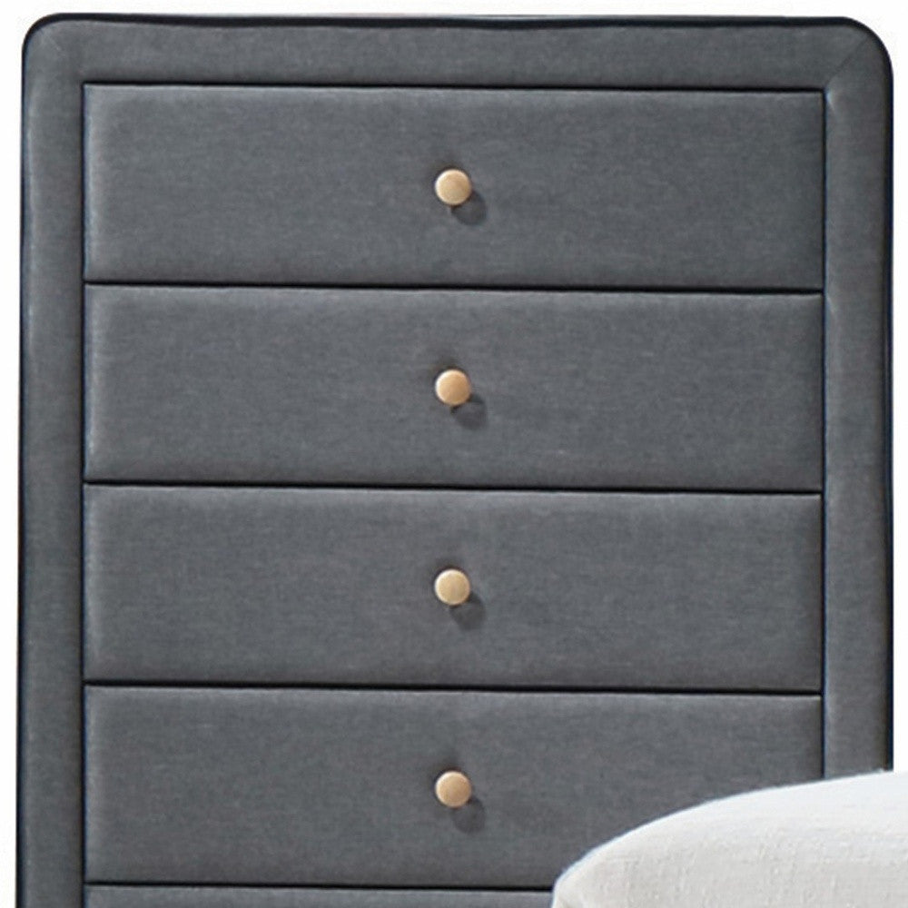 46-inch light gray upholstery 5 drawer chest dresser with padded trim, showcasing elegant design and spacious drawers.