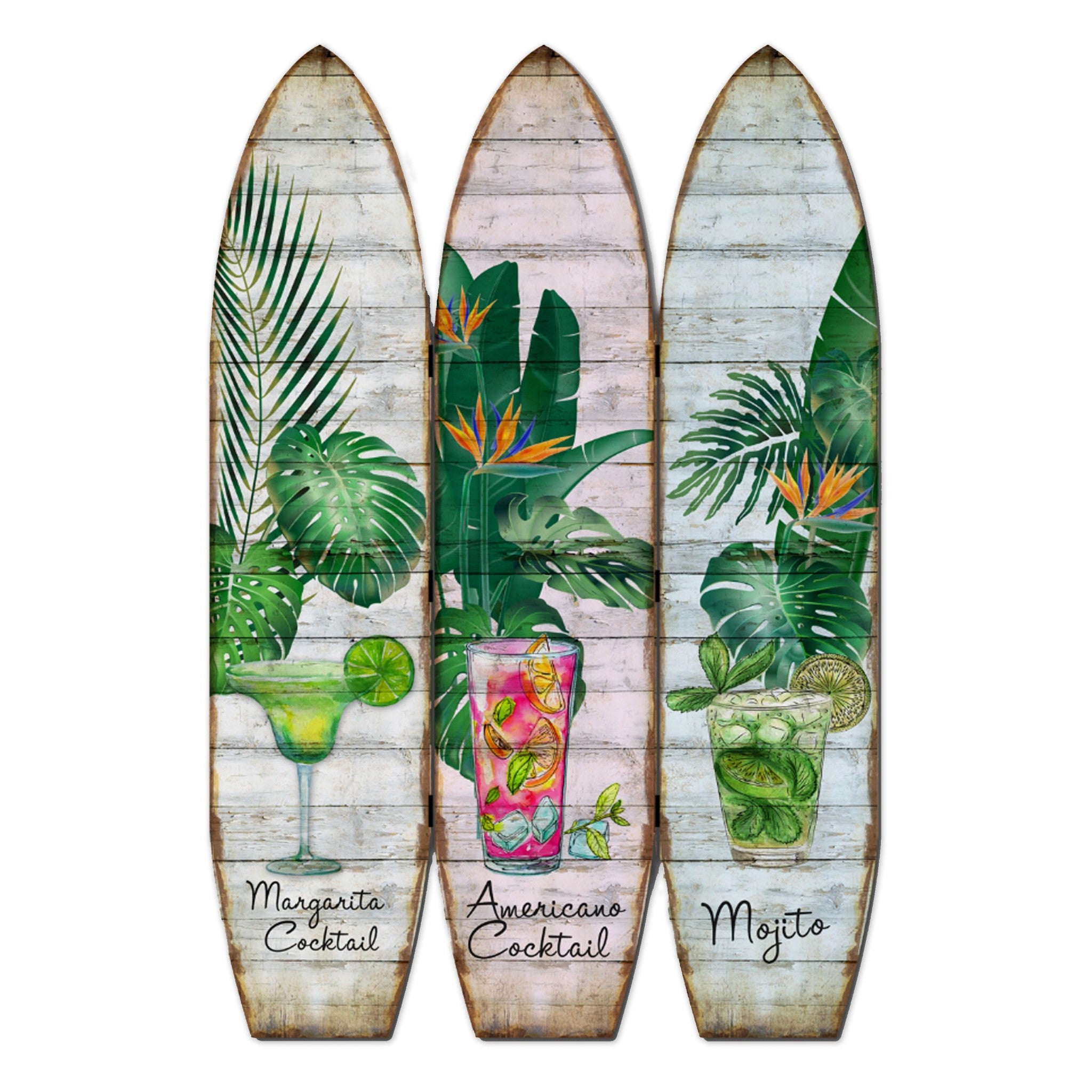 A vibrant multicolor wood surfboard screen room divider featuring three surfboards hinged together, showcasing different designs on each side.