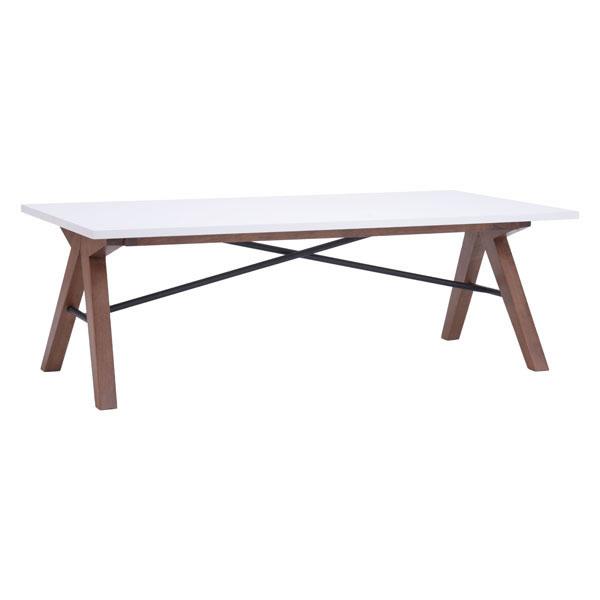 47-inch MDF coffee table with walnut wood finishes and black metal accents, featuring a rectangular white top and saw-horse style base.