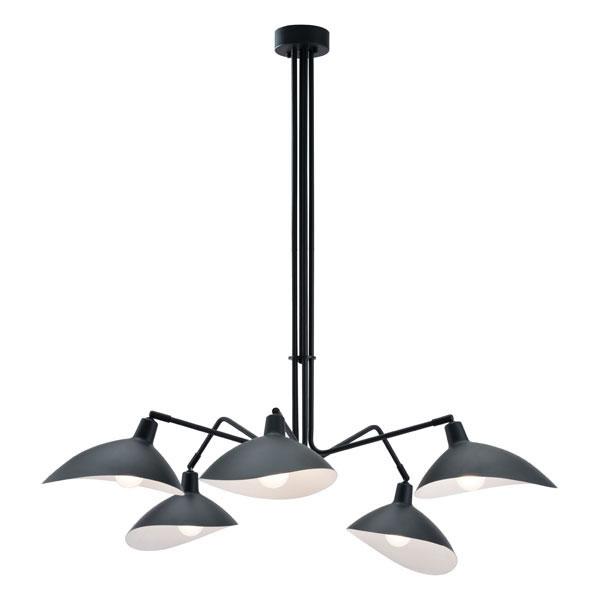 A stylish black metal ceiling lamp with five adjustable arms and metal shades, designed for modern interiors.