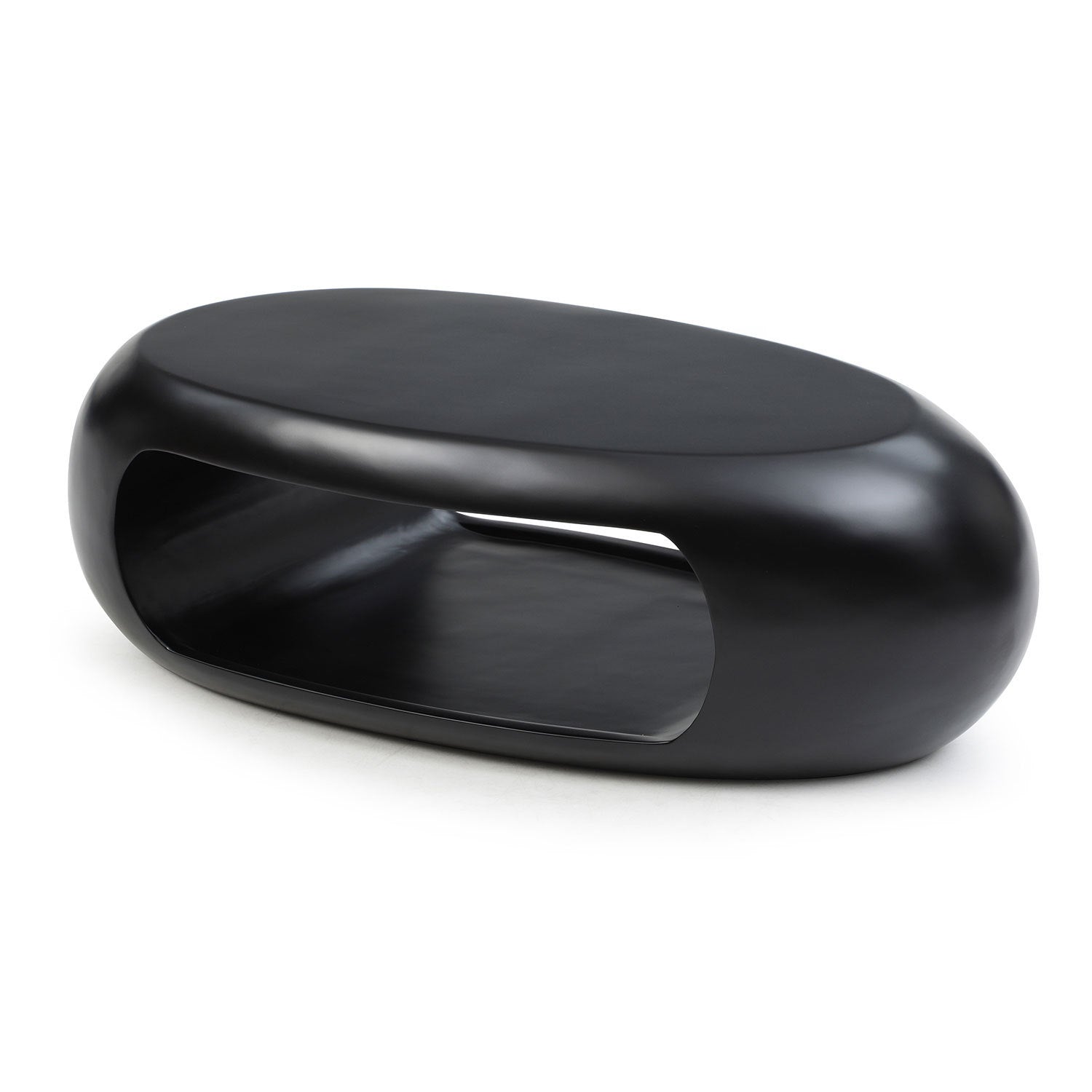 A modern oval coffee table made of sturdy fiberglass, featuring a sleek black finish, perfect for contemporary living spaces.