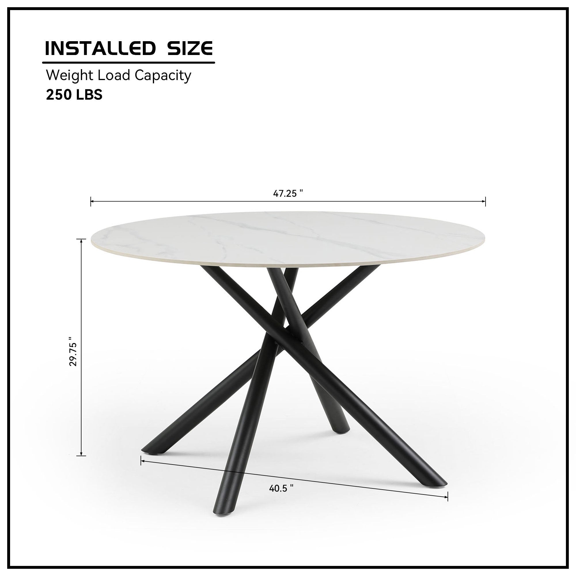 A modern round dining table with a white sintered stone tabletop and sturdy metal cross legs, perfect for contemporary dining spaces.