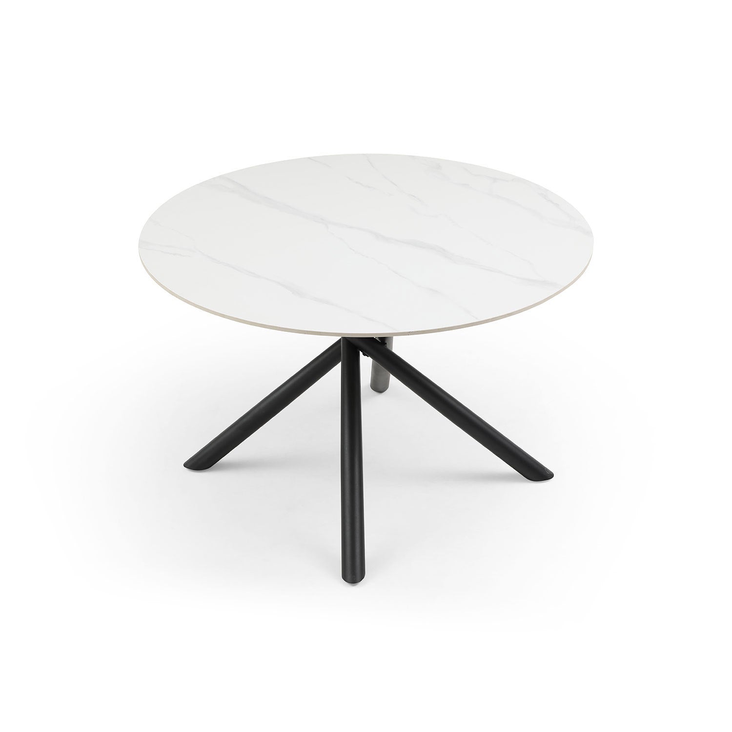 A modern round dining table with a white sintered stone tabletop and sturdy metal cross legs, perfect for contemporary dining spaces.