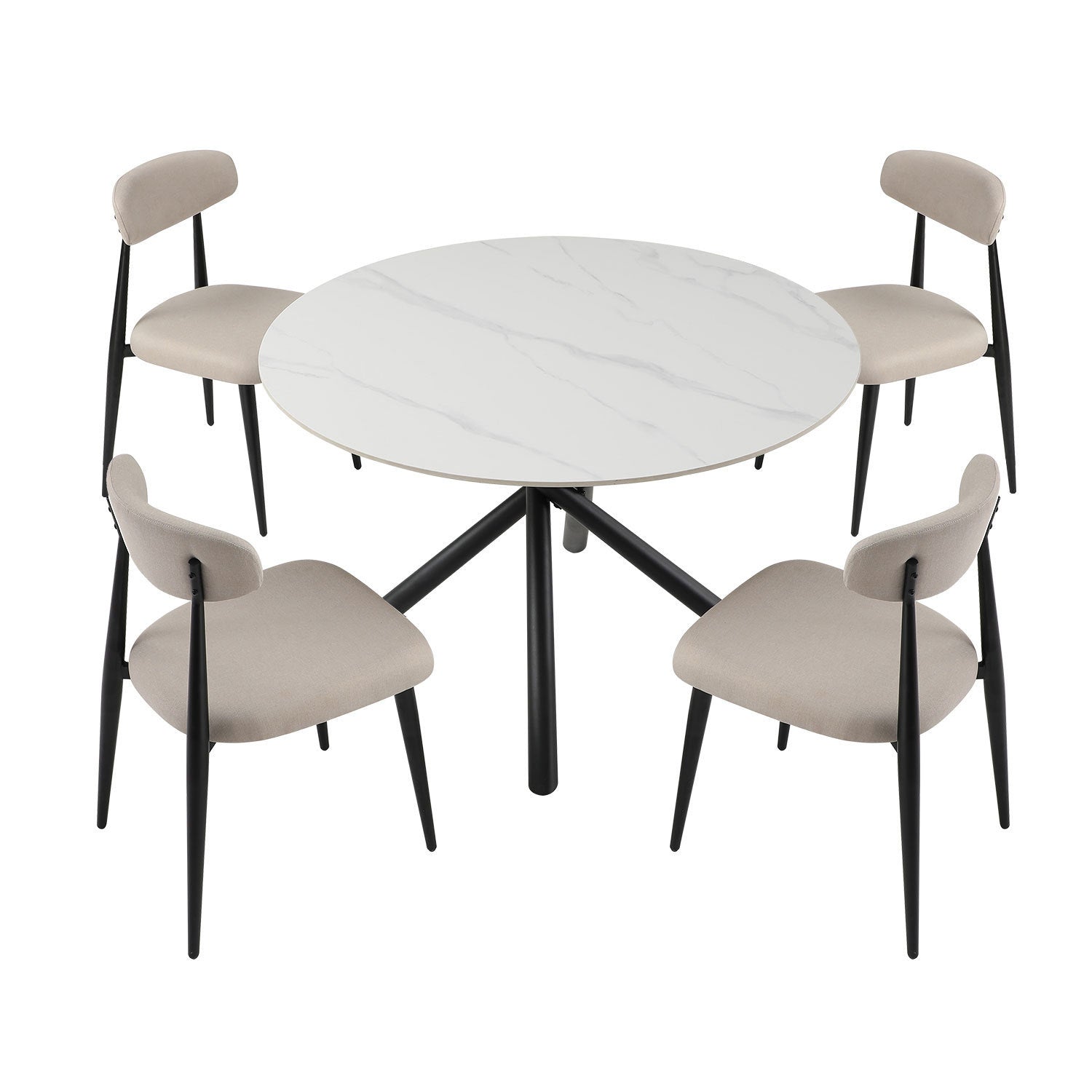 A modern round dining table with a white sintered stone tabletop and sturdy metal cross legs, perfect for contemporary dining spaces.