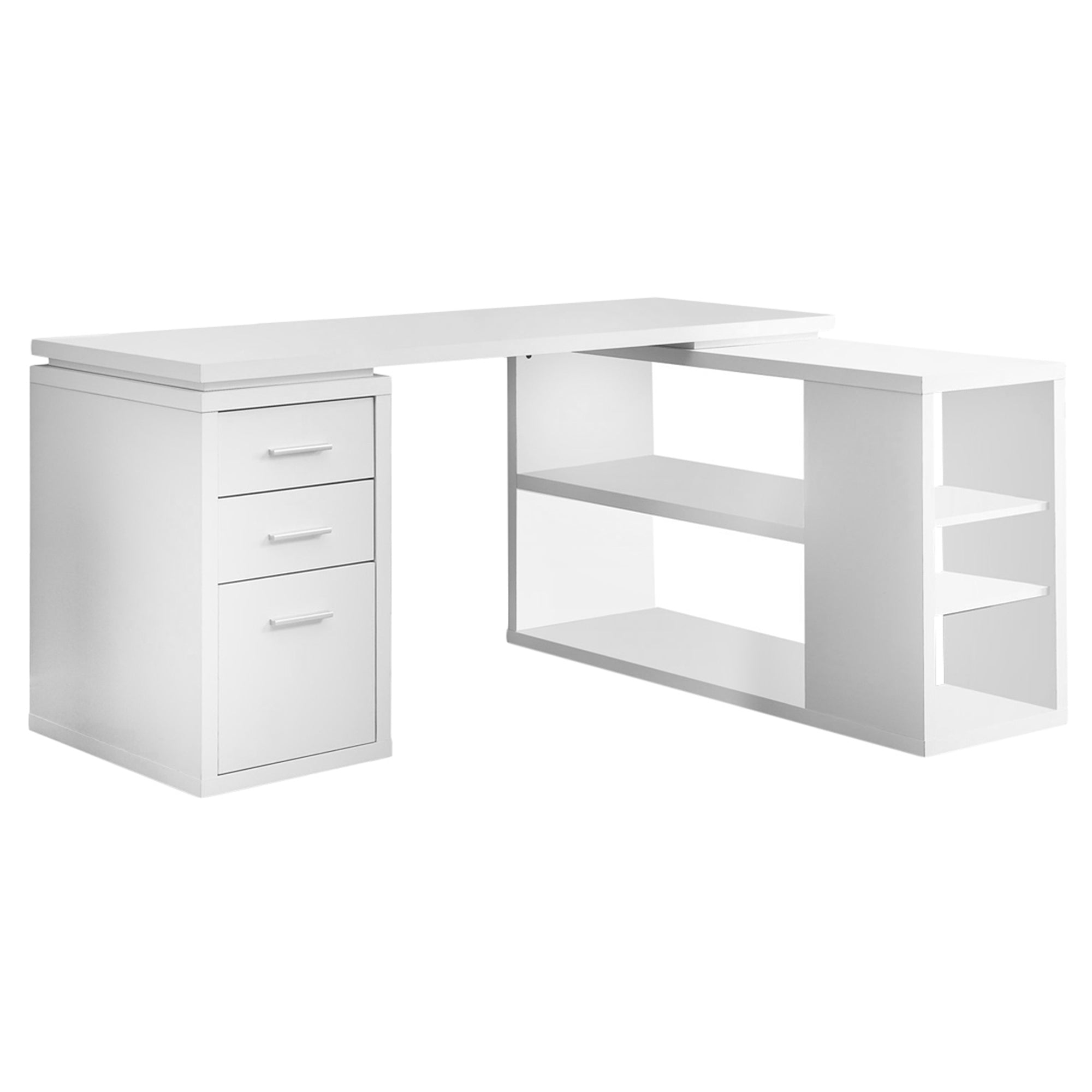 L-shaped white particle board hollow core computer desk with five shelves and two drawers, perfect for home office use.