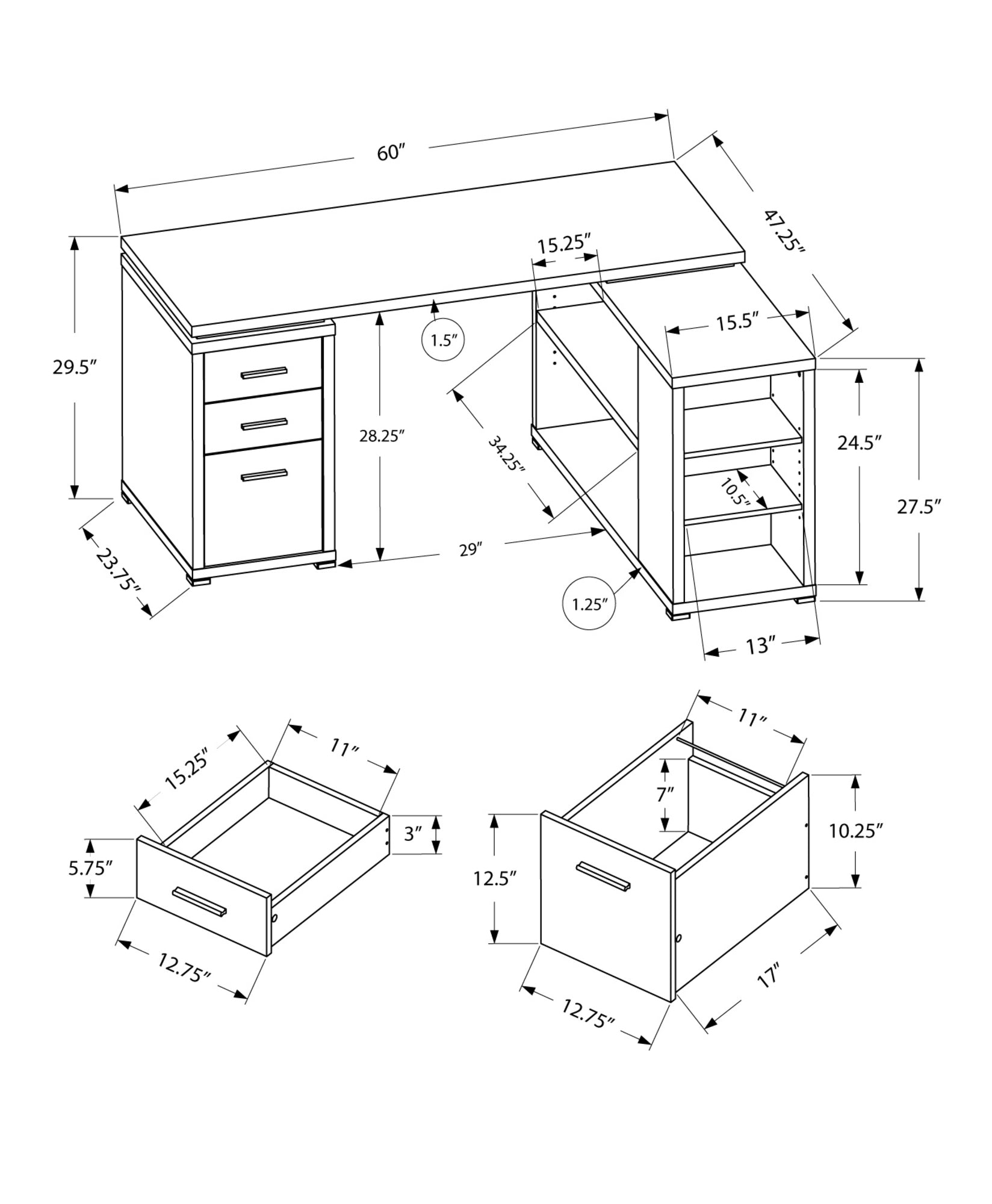 L-shaped white particle board hollow core computer desk with five shelves and two drawers, perfect for home office use.
