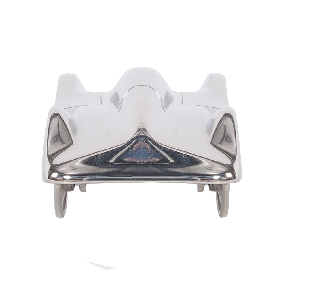 A beautifully crafted 4.75x12x3 inches aluminum car model with a nickel-plated finish, showcasing intricate details and a polished surface.