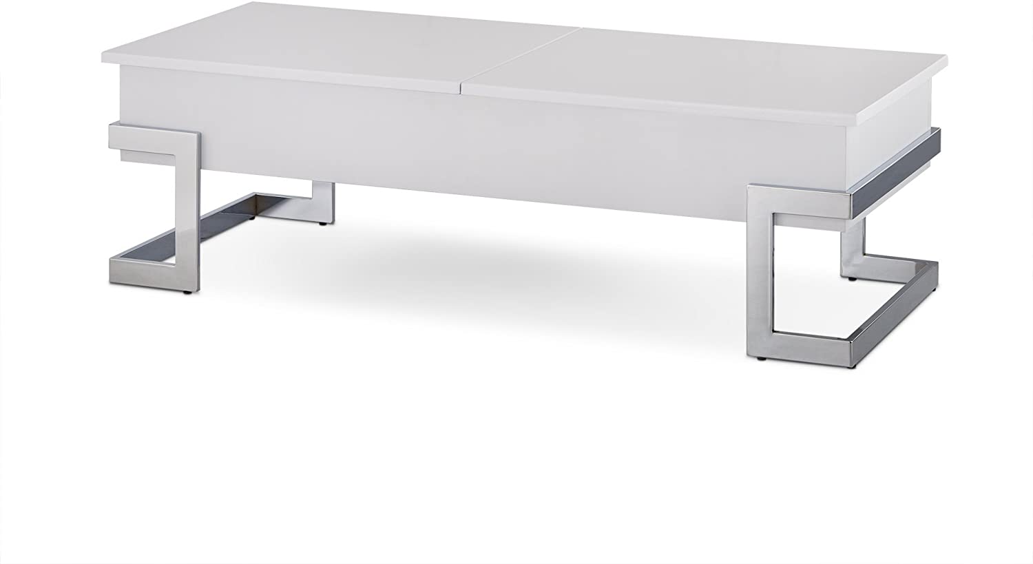 47 inches x 20 inches x 14 inches white and chrome particle board coffee table with geometric metal base and storage lid.