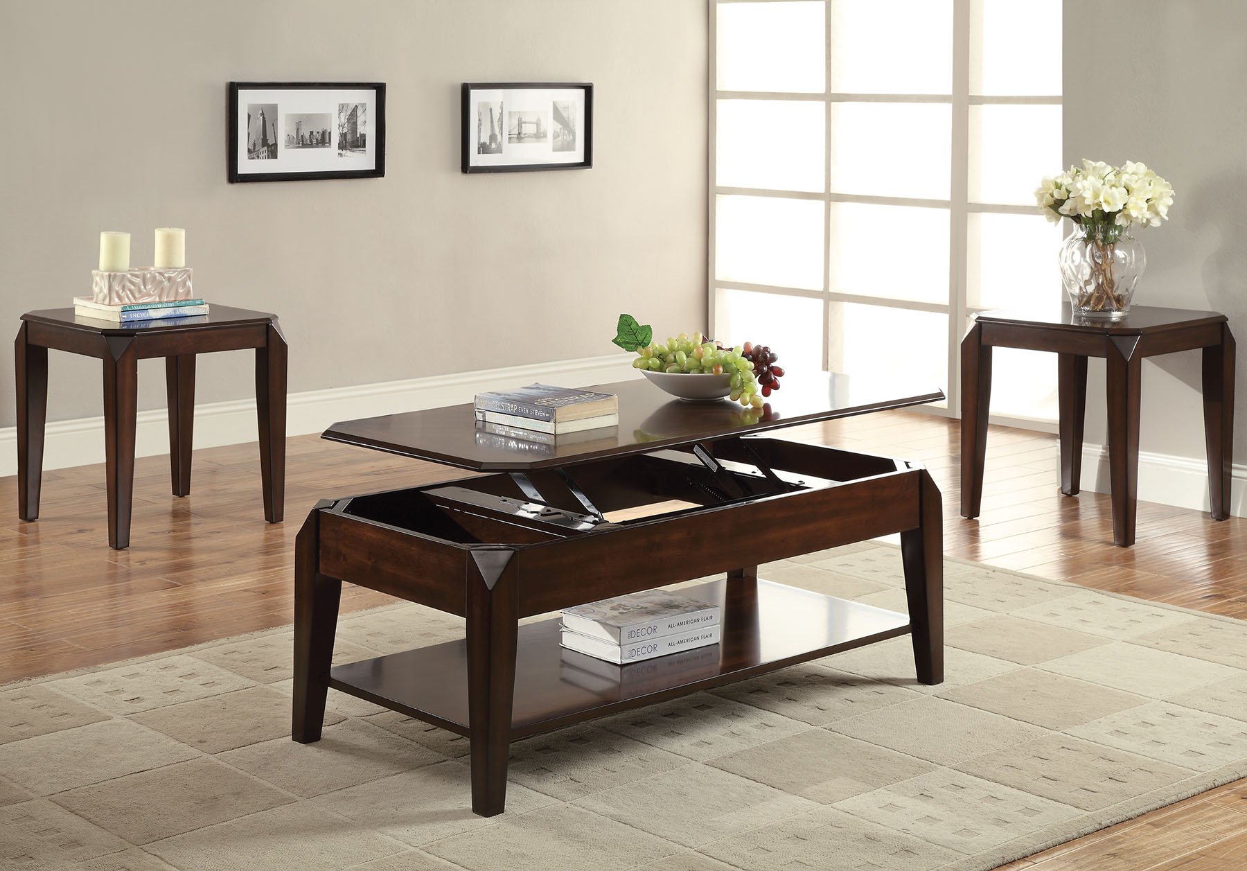 47x23x19 inches walnut coffee table with lift top and tapered legs, showcasing its elegant design and storage compartments.