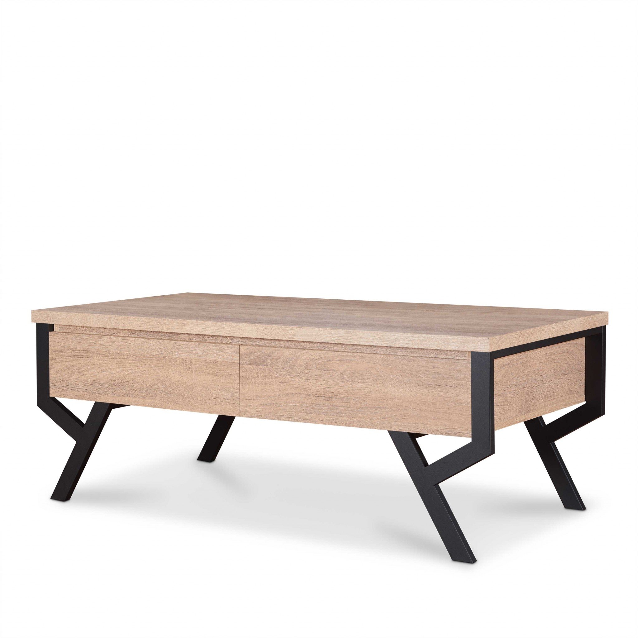 A stylish 47x24x17 inches coffee table featuring a natural wood finish and black metal legs, perfect for modern living rooms.