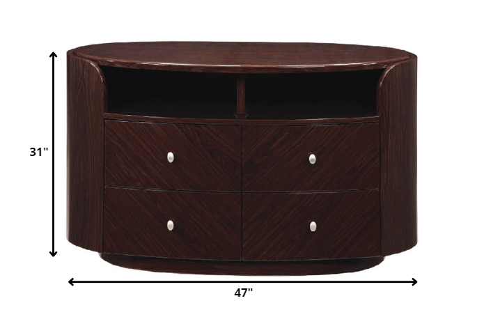 47 inches x 22 inches x 31 inches Wenge TV Entertainment Unit with four drawers and open shelves, showcasing a modern design.