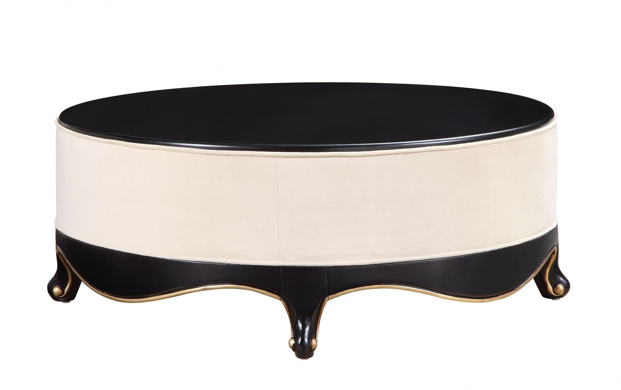A stylish round coffee table featuring cream fabric upholstery and black wood legs, measuring 47 inches in diameter and 19 inches in height.